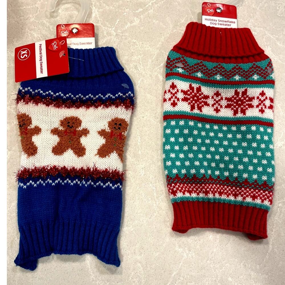 Pet Central puppy dog sweater XS knitted Lot 2 gingerbread snowflakes New w/ tag